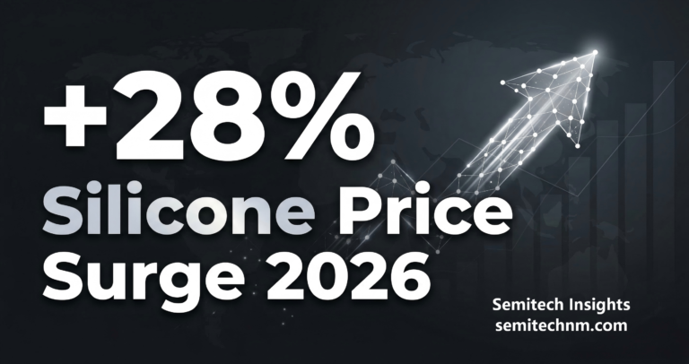 Graph showing a 28 percent silicone price surge in 2026 with an upward arrow and Semitech Market Update branding.