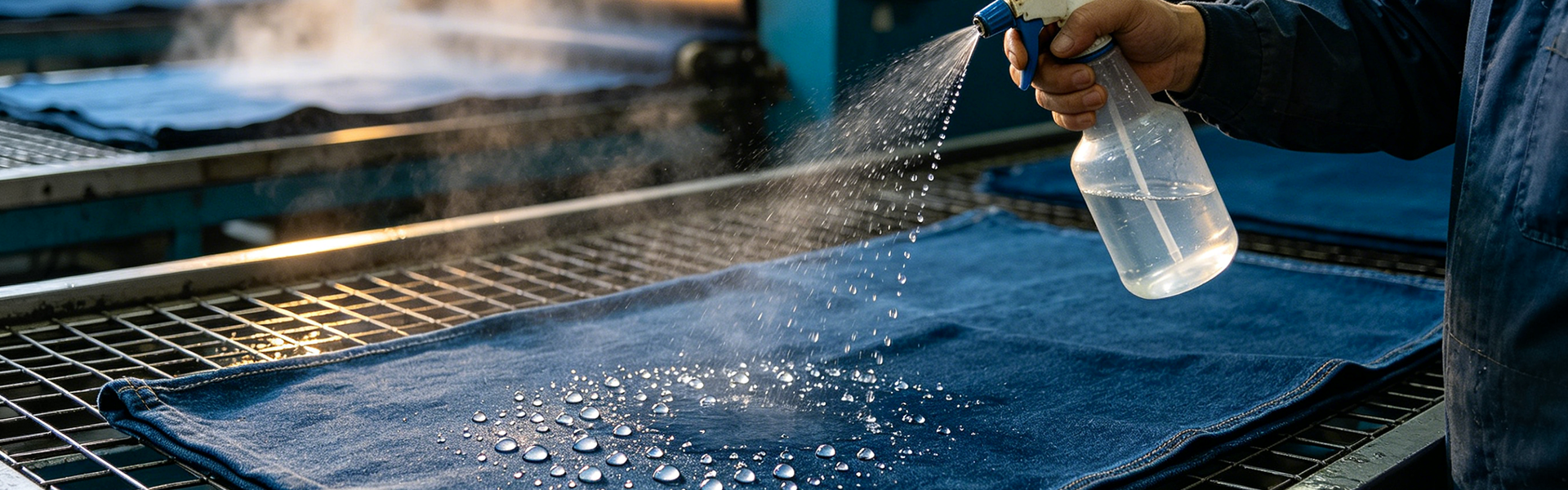 denim water-repellent finish — water droplets beading and rolling off treated fabric