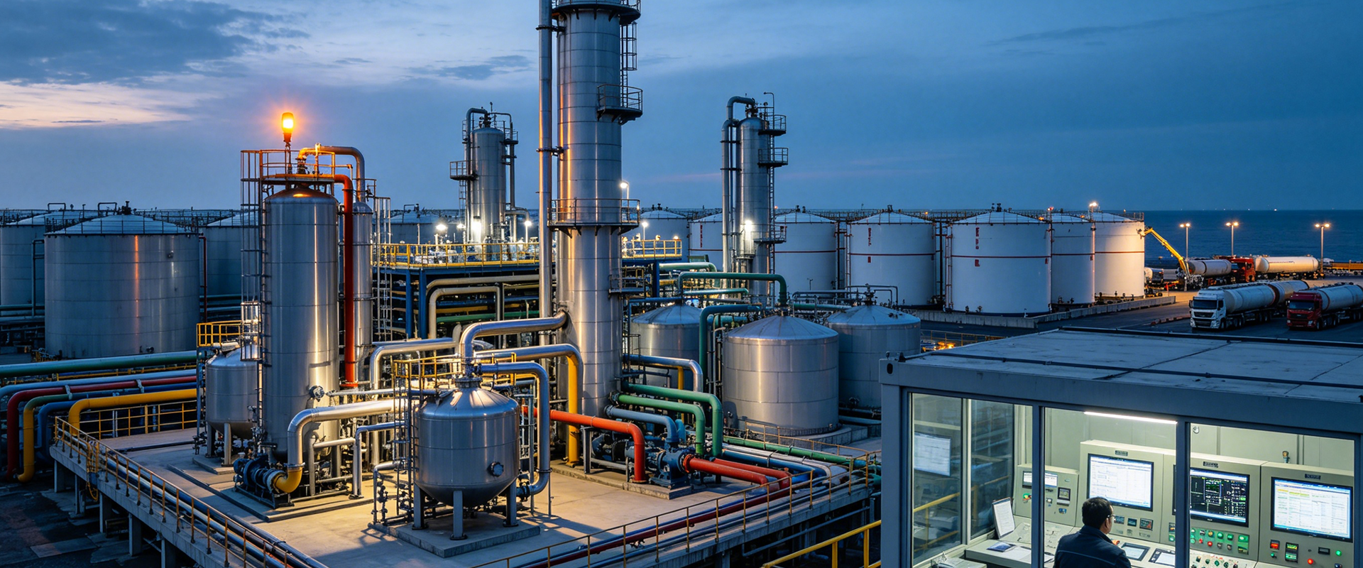 silicone fluid plant overview — distillation columns and storage tanks portfolio
