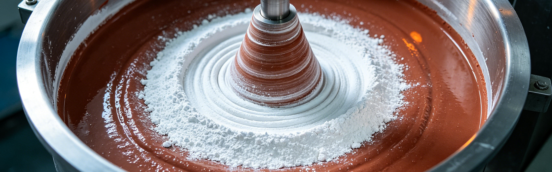 Coating grade ZnO — high-shear disperser blending white ZnO pigment into red-brown anti-corrosion paint base