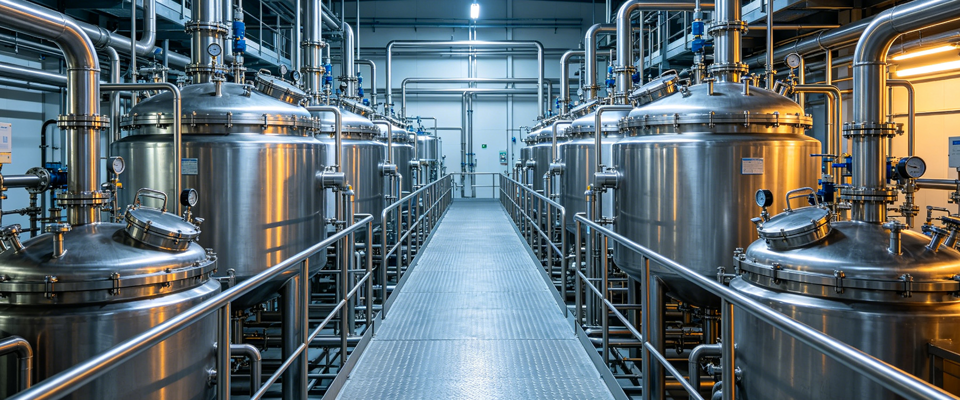 Titanium Fine Chemicals — modern specialty-chemicals production hall with stainless-steel reactors and process piping